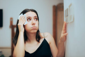 Woman wiping sweat from her brow due to broken AC while looking at thermostat.